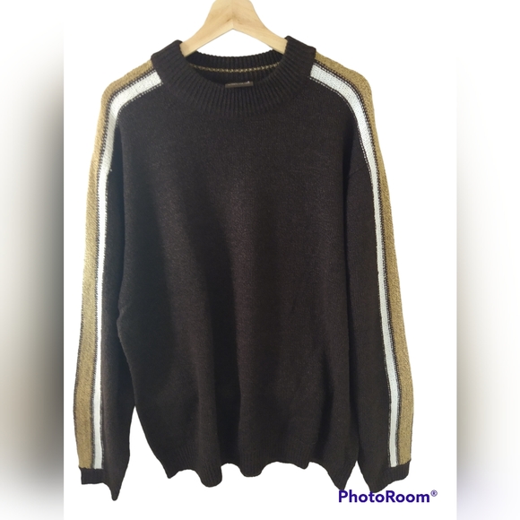 Vintage BTL Men's L Pullover Brown Crew Neck Sweater Stripes on the Sleeves - Picture 1 of 8